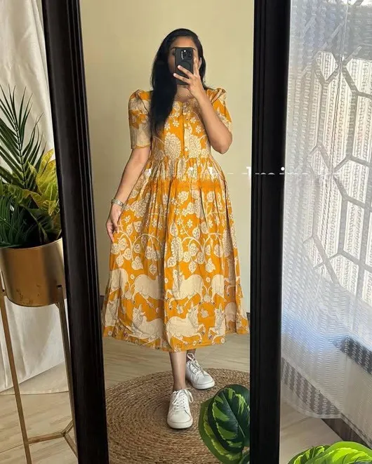 Mustard Yellow Printed Half Sleeves Midi Gown Kurti Dress for Women